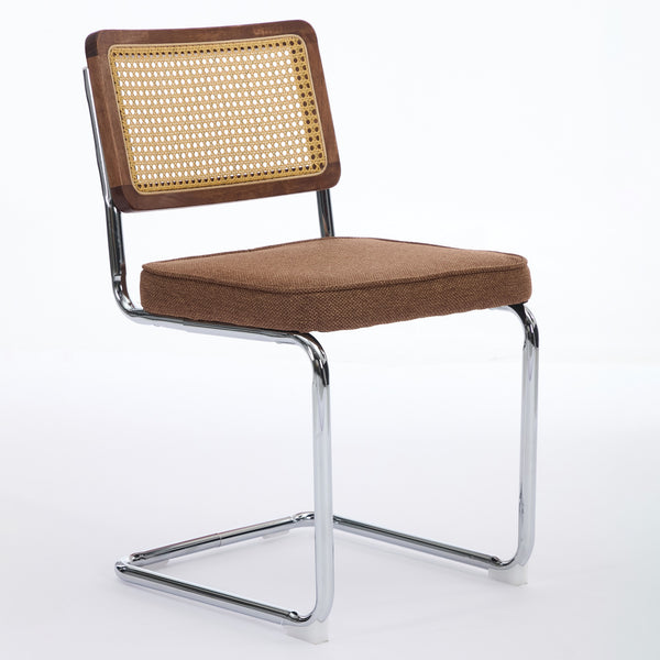 English Elm Mid Century Modern Dining Chairs Set Of 2 - Comfortable Linen Accent With Natural Cane & Chrome Base W1143P342097