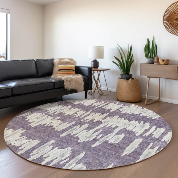 HomeRoots 8' Striped Round Rug in Purple & Beige - Washable, UV-Protected, Family-Friendly, Durable Design 671999