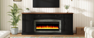 English Elm On-trend Farmhouse Electric Fireplace Console Walnut Veneer Media Cabinet for Living Room Black N721S000069B