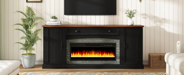 English Elm On-trend Farmhouse Electric Fireplace Console Walnut Veneer Media Cabinet for Living Room Black N721S000069B