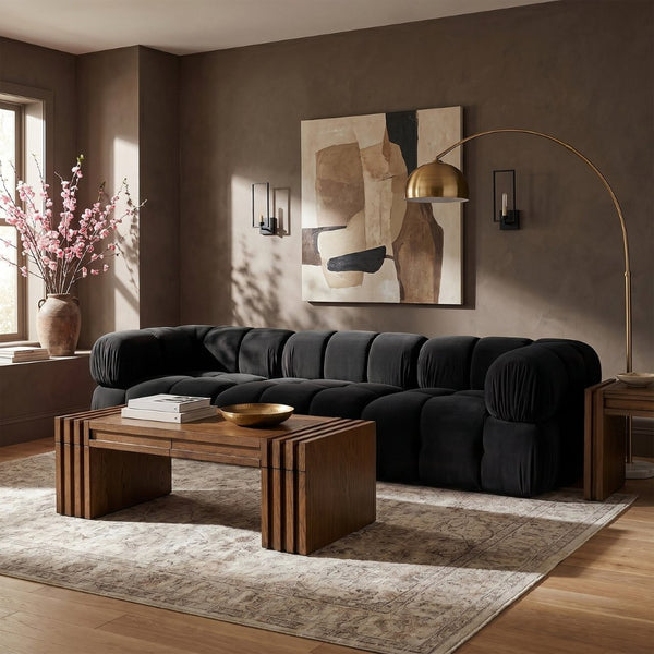 Meridian Furniture Orin Three Piece Modular Sofa in Black Velvet Performance Fabric for Modern Living 671Black-S3A