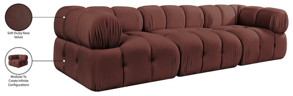 Meridian Furniture Orin Three Piece Modular Sofa in Dusty Rose Velvet Performance Fabric for Living Rooms 671Rose-S3A