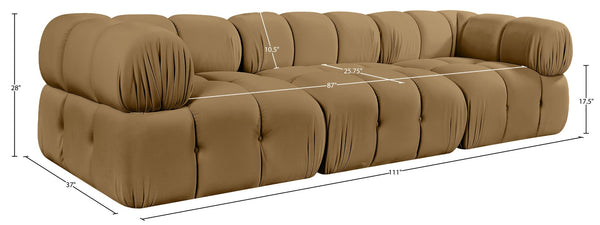 Meridian Furniture Orin Three Piece Modular Sofa in Saddle Velvet Performance Fabric for Modern Living 671Saddle-S3A
