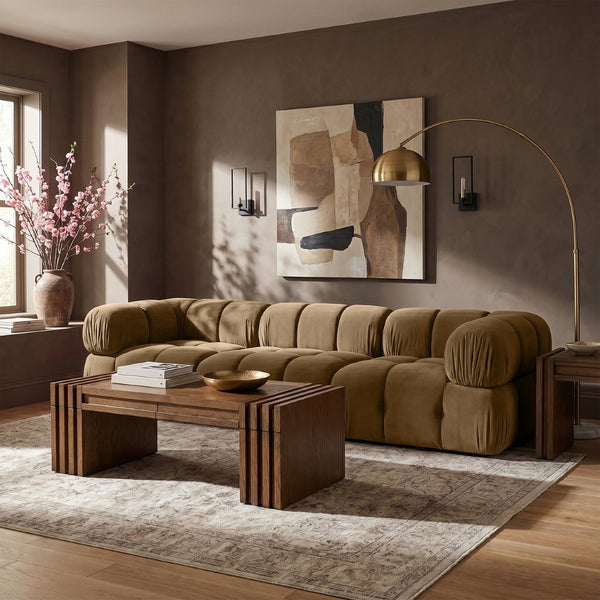Meridian Furniture Orin Three Piece Modular Sofa in Saddle Velvet Performance Fabric for Modern Living 671Saddle-S3A