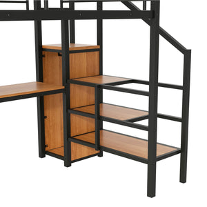 English Elm Full Size Metal Loft Bed With Desk, Storage Steps, Wardrobe, Led Light - Perfect For Small Spaces! GX000620AAB-1