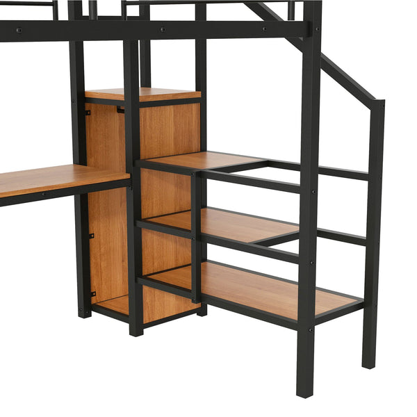 English Elm Full Size Metal Loft Bed With Desk, Storage Steps, Wardrobe, Led Light - Perfect For Small Spaces! GX000620AAB-1