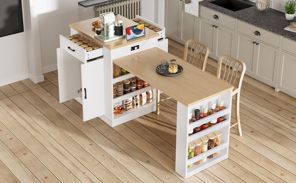 English Elm Extendable Kitchen Island with Storage Drawers Open Shelving and Cabinet in White W1580S00273