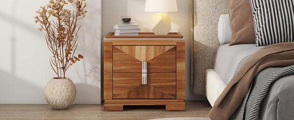 English Elm Mid-century Modern Nightstand with Diamond Geometric Drawers and Heavy Duty Wood Base Light Brown N761P324094M