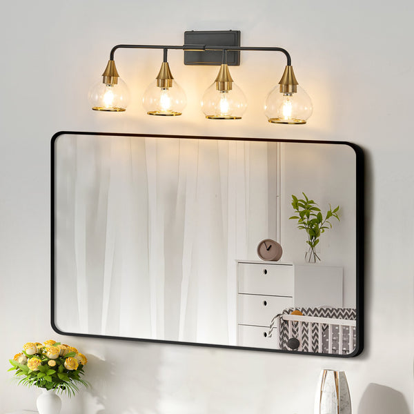 English Elm 31" Modern 4-Light Vanity Wall Sconce - Industrial Black & Gold Fixture With Clear Shades For Bright Spaces W2312P374981