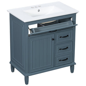 English Elm 30 Inch Freestanding Bathroom Vanity Solid Pine Cabinet Ceramic Sink Top Storage Blue Gray N725P412782C