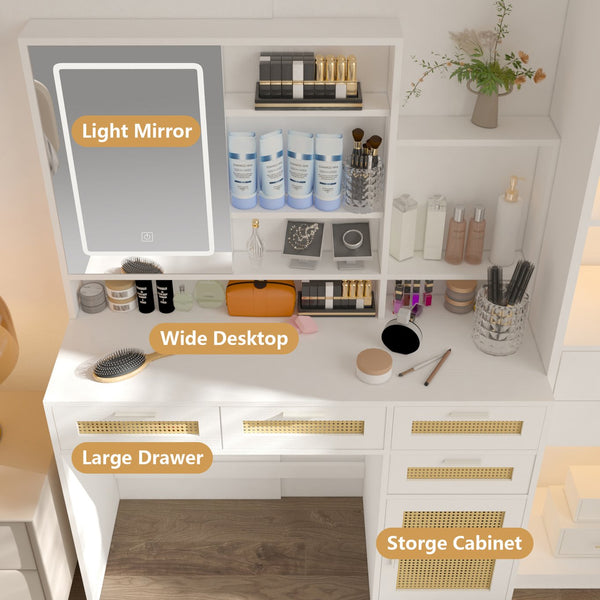 English Elm Makeup Vanity with Lights, Openable Mirror & Ample Storage Shelves, 4 Drawers and Cabinet Elegance White W2227P160483