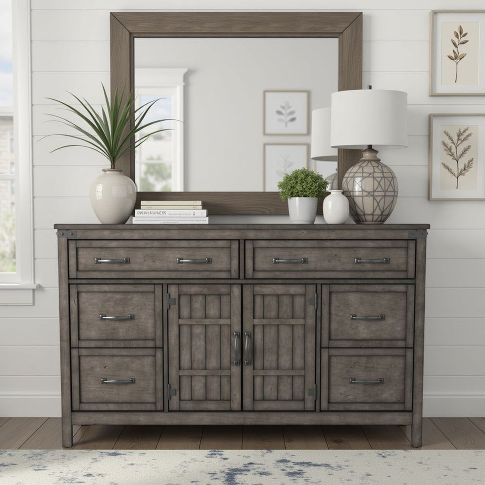 English Elm Storehouse Six Drawer Two Door Dresser with Iron Rivets in Smoked Grey Finish B108P481223