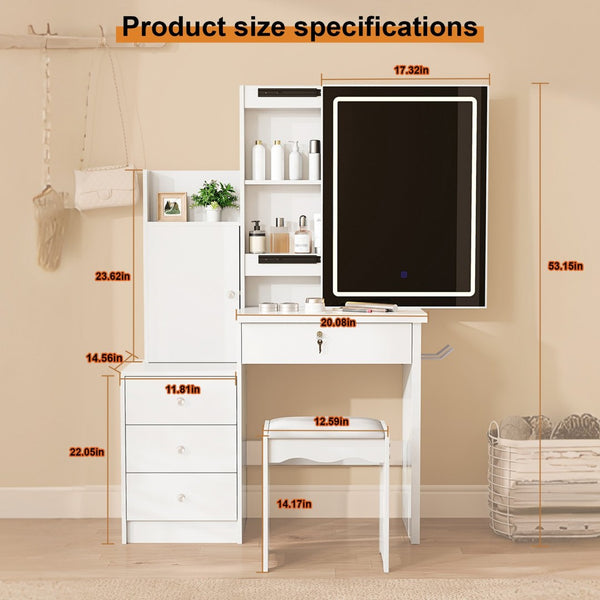 English Elm Vanity Desk with Lighted Sliding Mirror Hidden Storage and Cushioned Stool White Bedroom W2700P369513