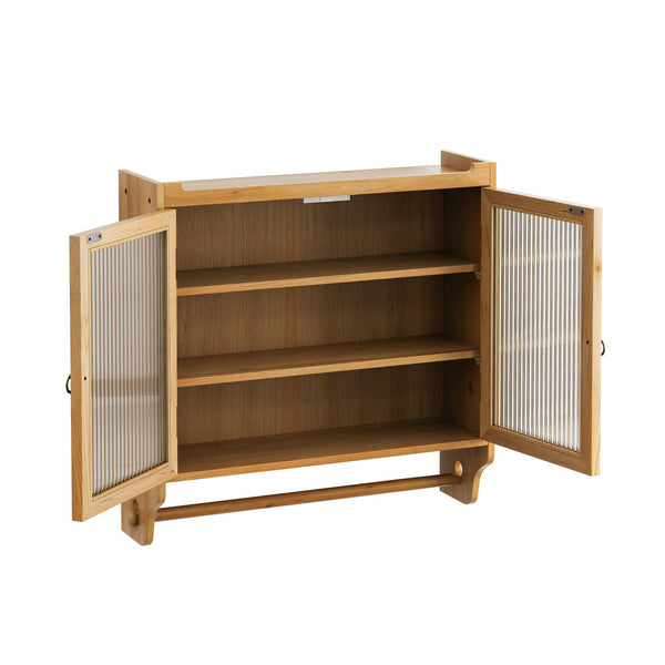 English Elm 24.8''Glass Vintage Double Door Wall Cabinet with 3-Tier Solid Wood Storage, Towel Rack, Natural W757P170145