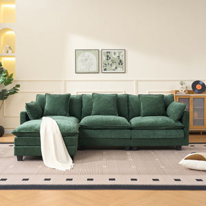 English Elm Beige Chenille Sectional Sofa with Modular Ottoman for Living Room or Studio Dark Green W2603S00004