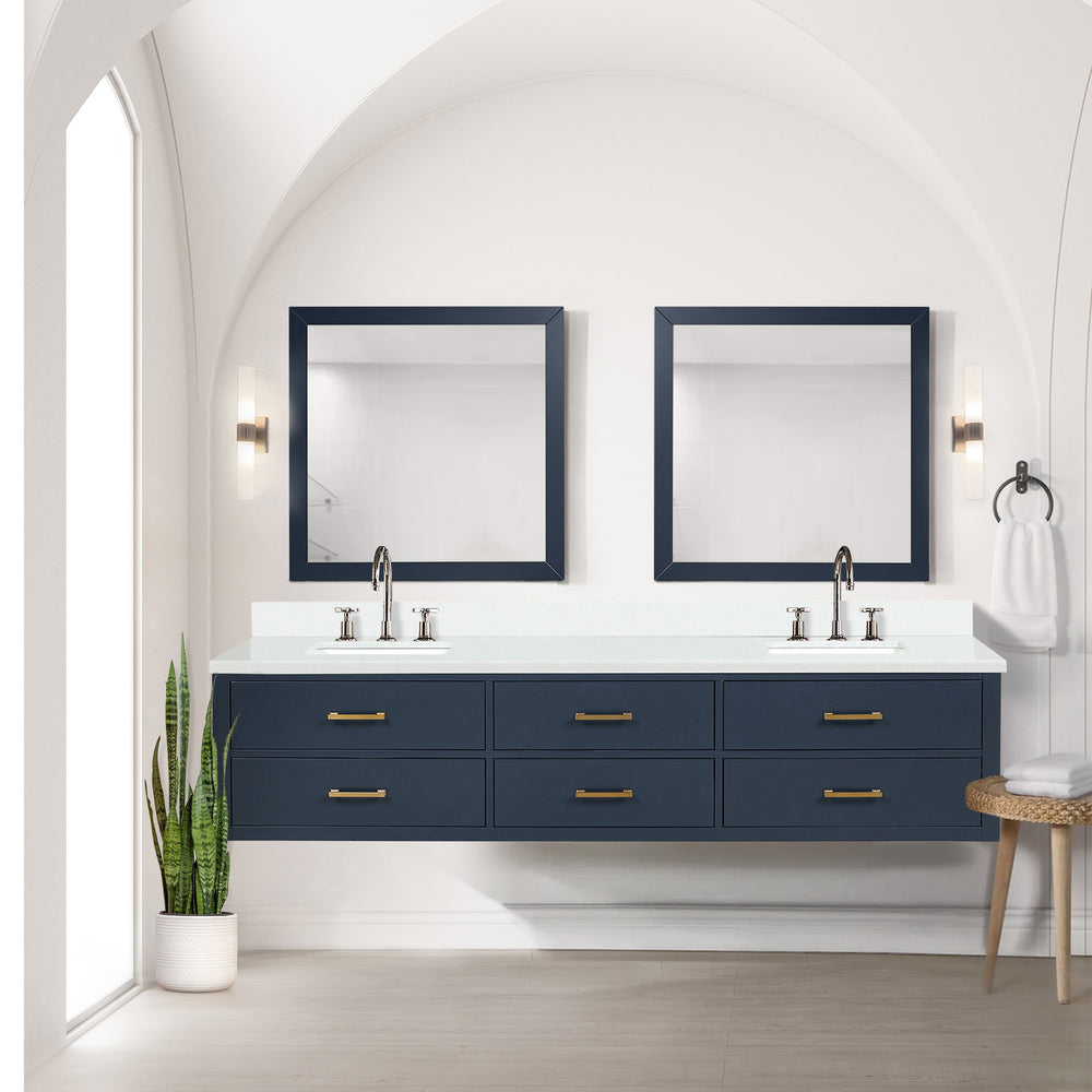 English Elm Blue Double Bath Vanity Set With White Quartz Top, 2 Mirrors & Soft-Close Doors For Elegant Storage B2731S01590