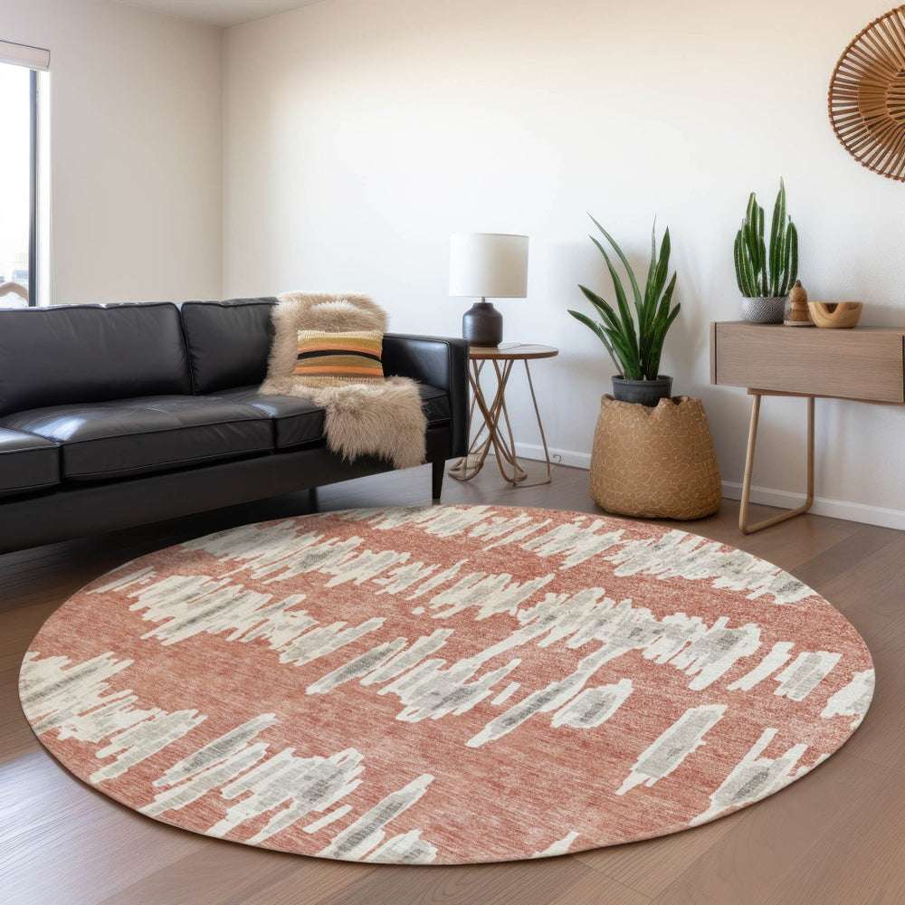 HomeRoots 8' Salmon and Beige Striped Round Rug – Durable, UV-Protected, Stain-Resistant, Ideal for High-Traffic Areas 672005