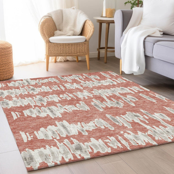 HomeRoots 8' X 10' Salmon & Beige Striped Area Rug – Durable, Washable, UV-Protected, Perfect for Busy Homes! 672006