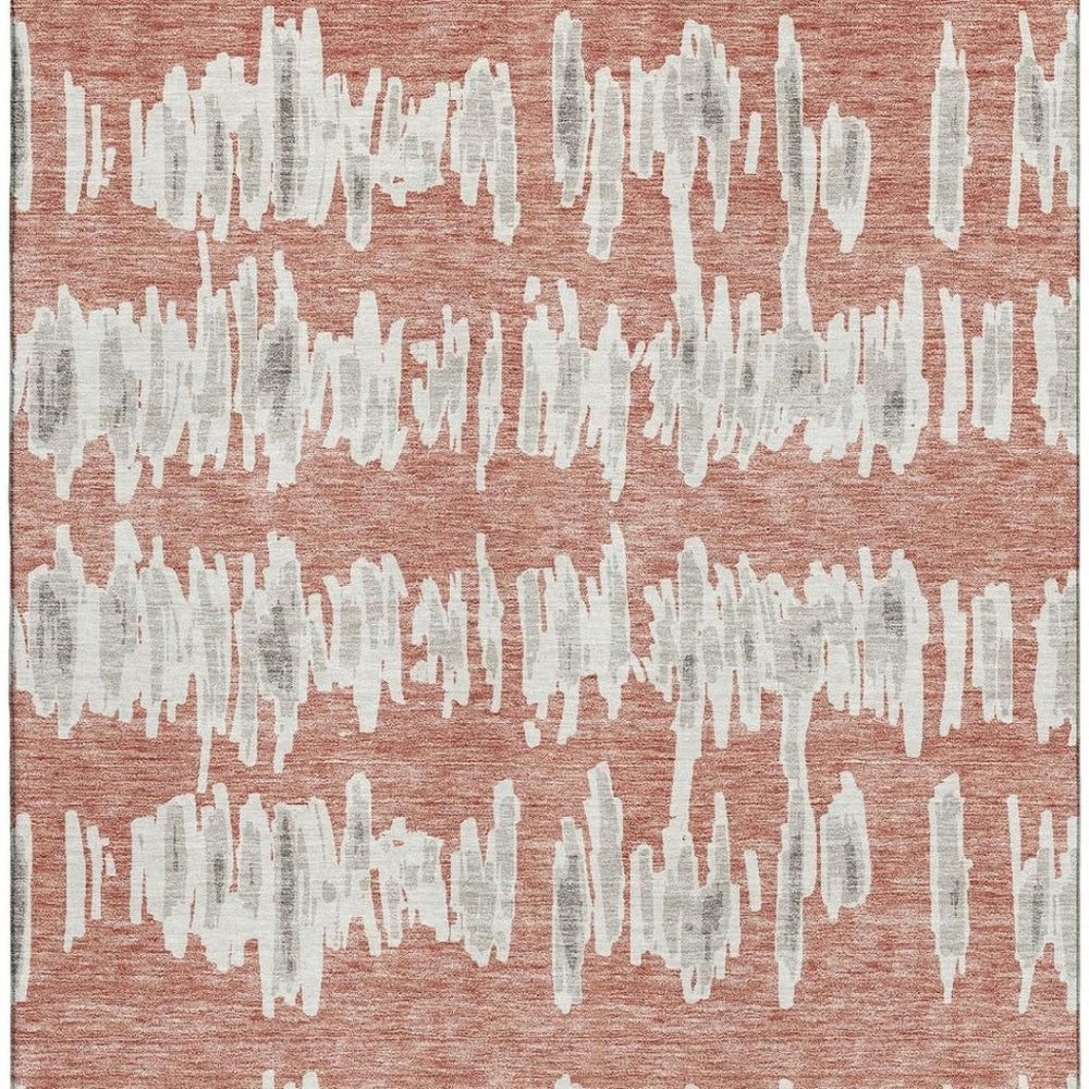 HomeRoots 9' X 12' Salmon & Beige Striped Washable Area Rug - Durable, UV-Protected, Ideal for High Traffic Areas 672007