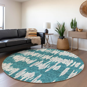 HomeRoots 8' Teal and Beige Striped Round Rug – Durable, Washable, UV Protected for Coastal-Inspired Spaces 672011