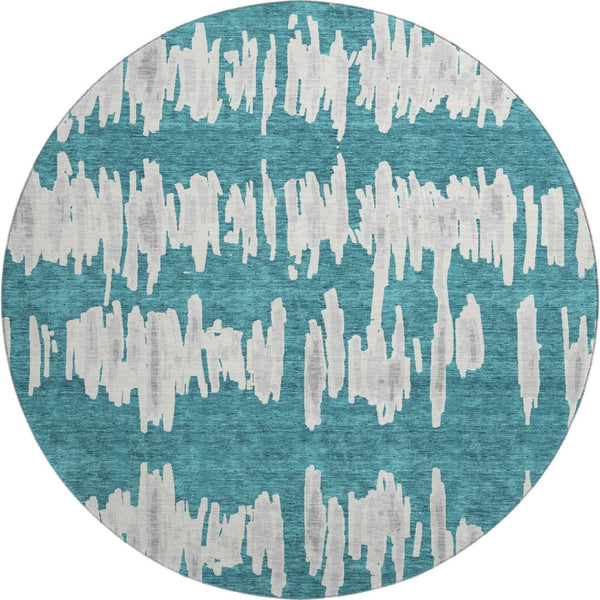 HomeRoots 8' Teal and Beige Striped Round Rug – Durable, Washable, UV Protected for Coastal-Inspired Spaces 672011