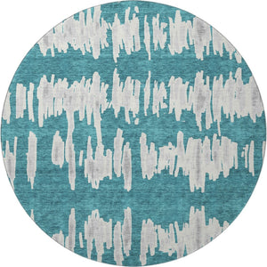 HomeRoots 8' Teal and Beige Striped Round Rug – Durable, Washable, UV Protected for Coastal-Inspired Spaces 672011
