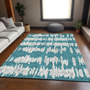 HomeRoots 9' X 12' Durable Teal And Beige Striped Area Rug With UV Protection - Perfect For Homes With Kids & Pets 672013