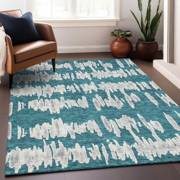 HomeRoots 10' X 14' Teal and Beige Striped Area Rug - Durable, Washable, UV-Protected for Stylish Living Spaces 672014