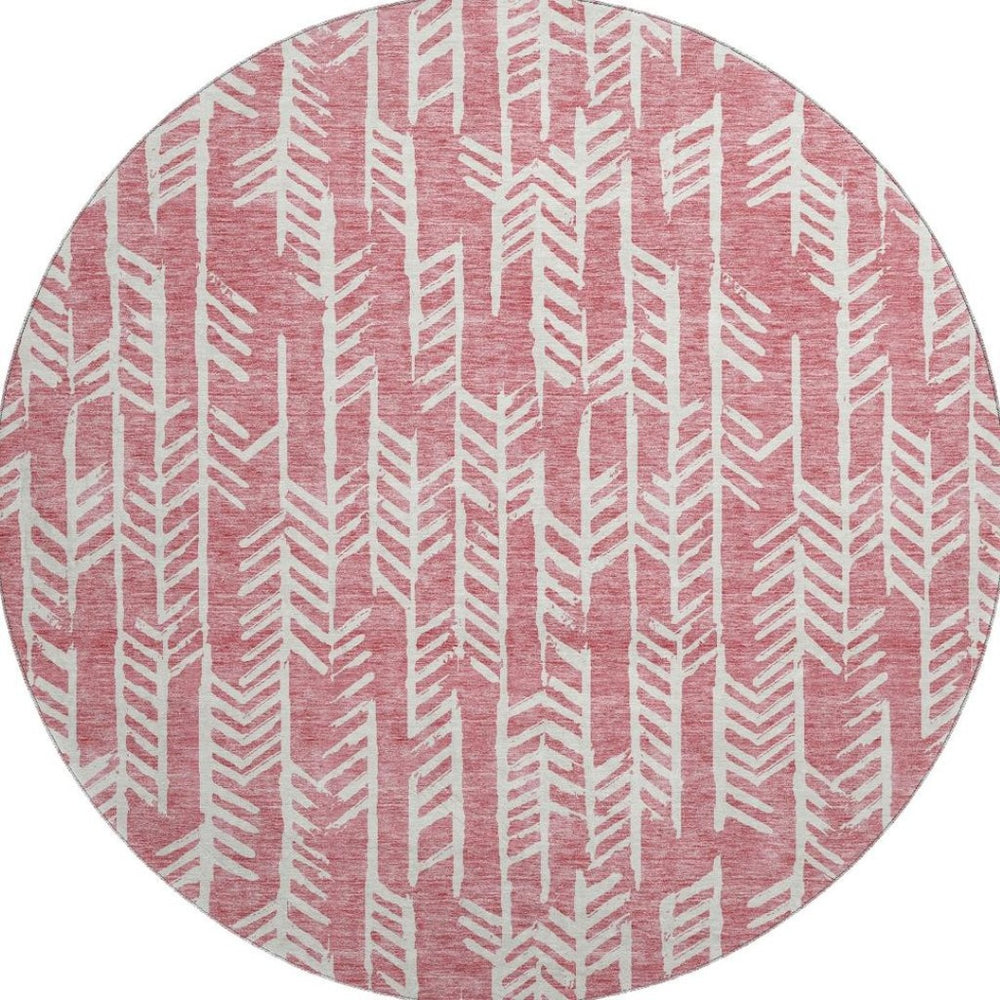 HomeRoots 8' Blush and Ivory Tribal Round Rug - Washable, UV-Protected, Kid & Pet-Friendly for Stylish Spaces 672029