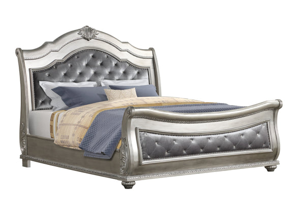 English Elm Destiny Traditional Upholstered Crystal-Tufted King Bed with Button Headboard, Silver Wood Frame B009S01355