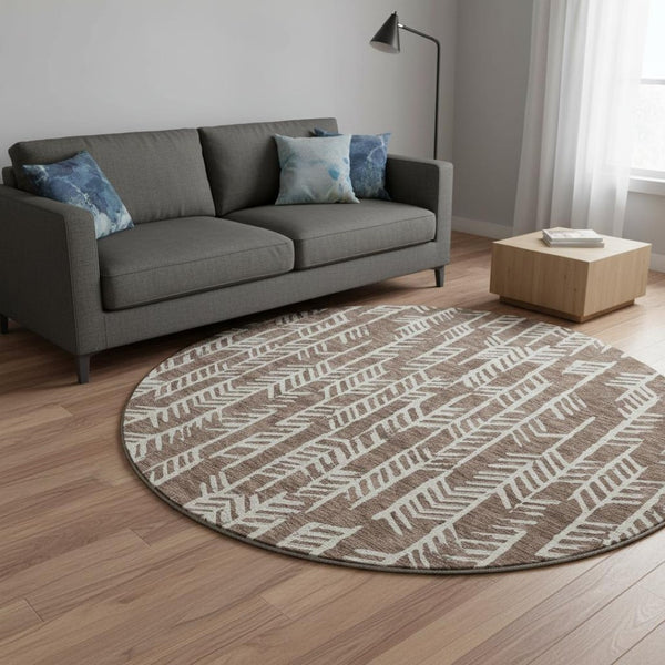HomeRoots 8' Brown and Beige Tribal Round Rug - Washable, UV Protected, Stain-Resistant, Low-Maintenance Decor 672035