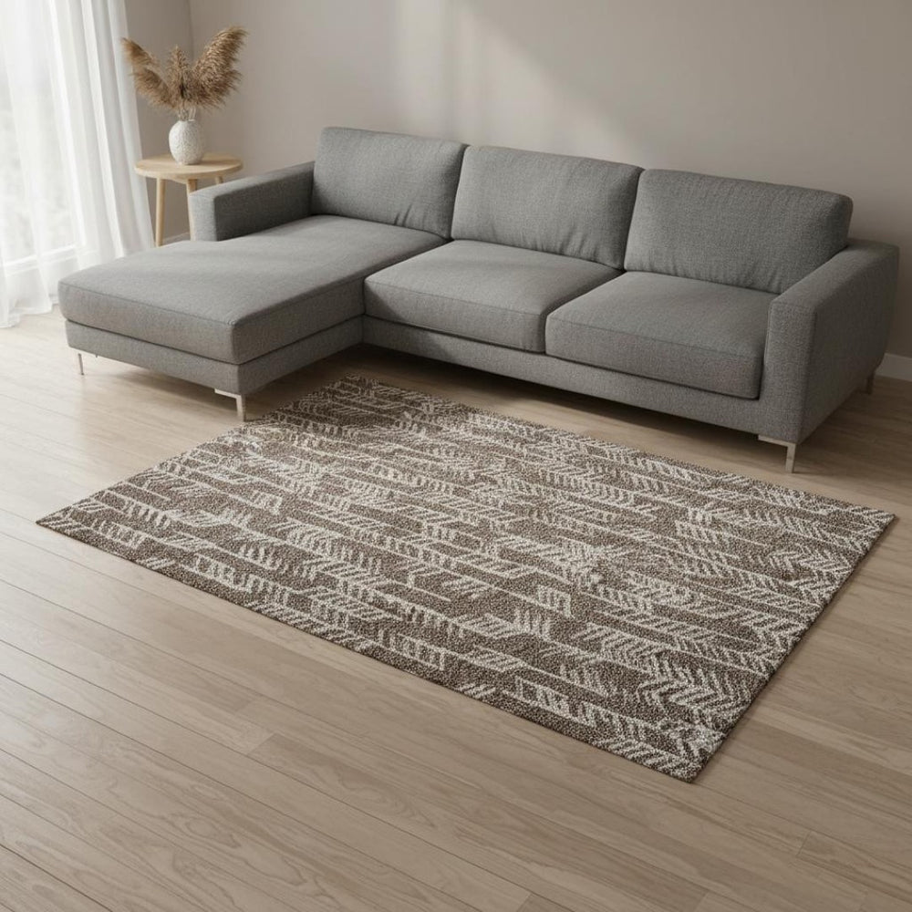HomeRoots 8' X 10' Brown and Beige Tribal Area Rug - Washable, UV-Protected, Stain-Resistant for Busy Homes 672036