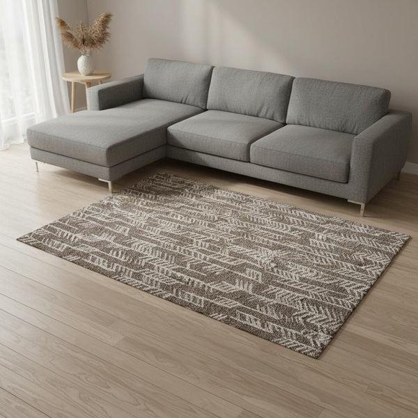 HomeRoots 8' X 10' Brown and Beige Tribal Area Rug - Washable, UV-Protected, Stain-Resistant for Busy Homes 672036
