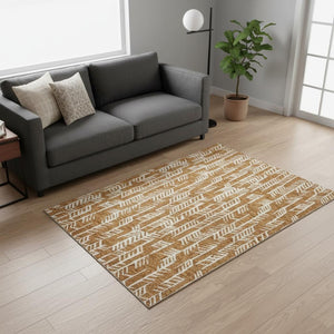 HomeRoots 5' x 8' Copper and Beige Tribal Area Rug - Durable, Washable, UV-Protected, Perfect for Homes with Kids! 672040