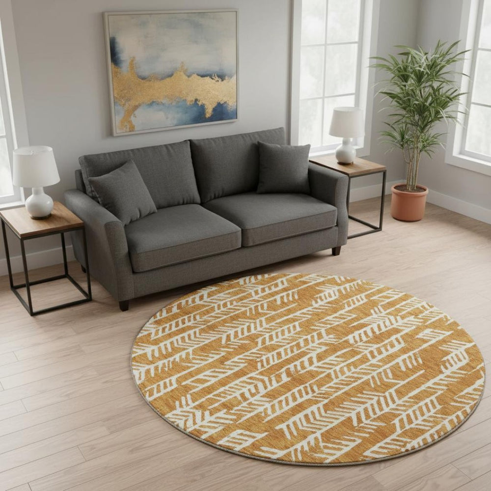 HomeRoots 8' Copper and Beige Tribal Washable Round Rug – UV Protected, Stain Resistant, Perfect for High-Traffic Areas 672041