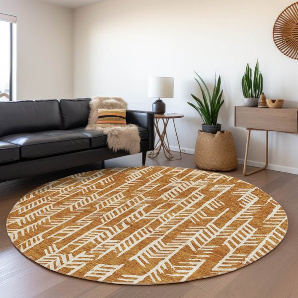 HomeRoots 8' Copper and Beige Tribal Washable Round Rug – UV Protected, Stain Resistant, Perfect for High-Traffic Areas 672041