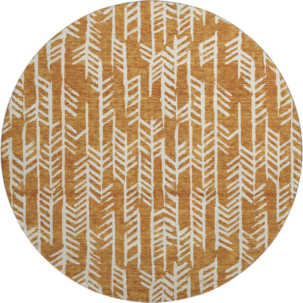 HomeRoots 8' Copper and Beige Tribal Washable Round Rug – UV Protected, Stain Resistant, Perfect for High-Traffic Areas 672041