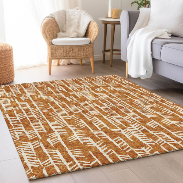 HomeRoots 8' X 10' Stylish Copper and Beige Tribal Area Rug - Washable, UV Protected, Kid & Pet Friendly! 672042