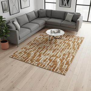 HomeRoots 9' X 12' Copper and Beige Tribal Area Rug – Washable, Stain-Resistant, UV Protected for Everyday Use 672043