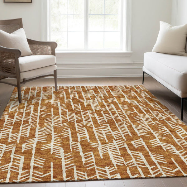 HomeRoots 9' X 12' Copper and Beige Tribal Area Rug – Washable, Stain-Resistant, UV Protected for Everyday Use 672043