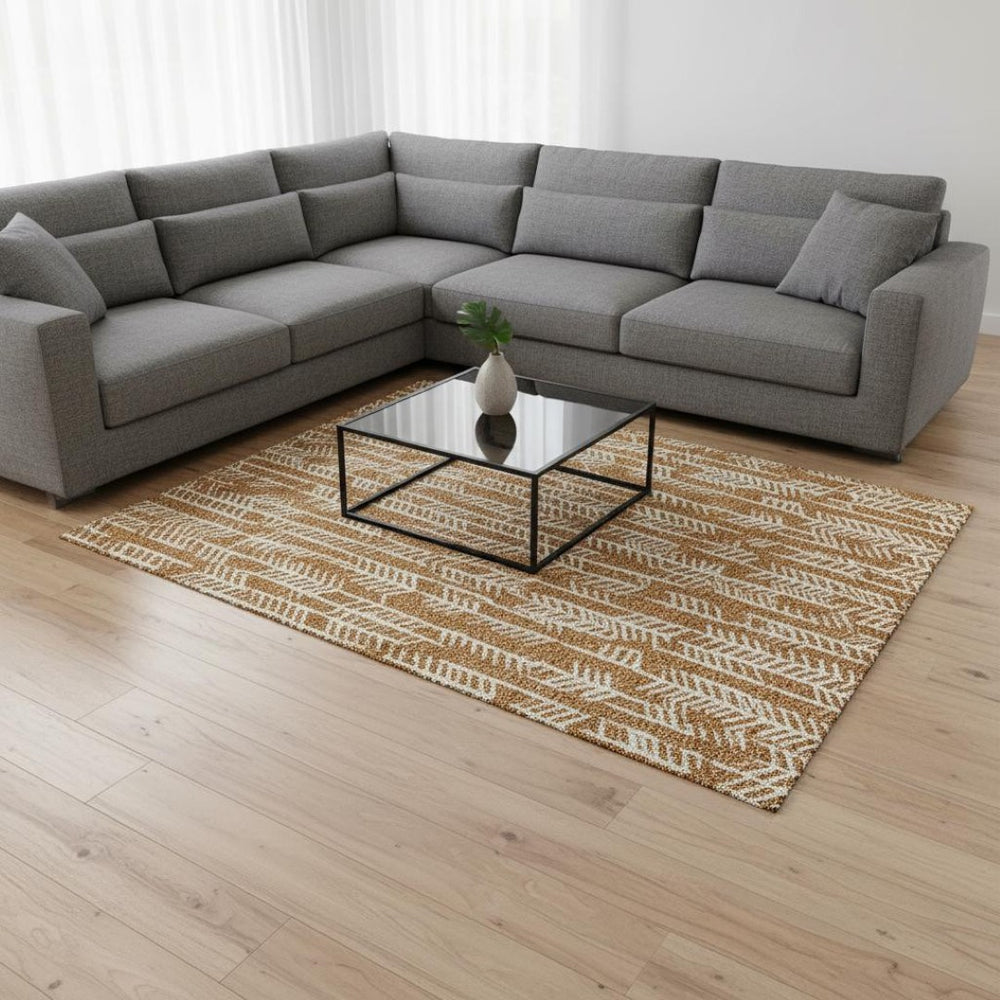 HomeRoots 10' X 14' Copper & Beige Tribal Area Rug – Washable, UV-Protected, Durable for Family Spaces & Pets 672044