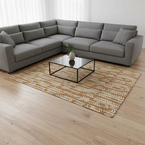 HomeRoots 10' X 14' Copper & Beige Tribal Area Rug – Washable, UV-Protected, Durable for Family Spaces & Pets 672044