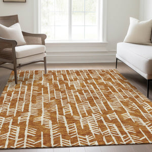 HomeRoots 10' X 14' Copper & Beige Tribal Area Rug – Washable, UV-Protected, Durable for Family Spaces & Pets 672044