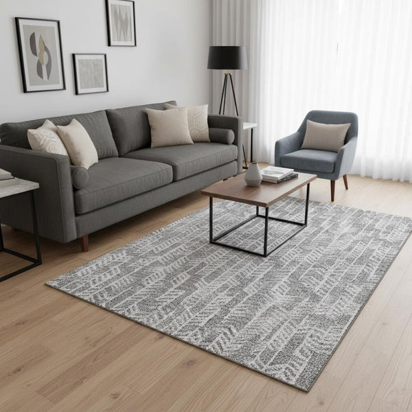 HomeRoots 5' X 8' Gray and Ivory Tribal Area Rug – Washable, UV-Protected, Durable for Homes with Kids & Pets 672046