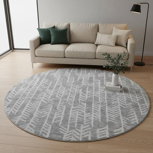 HomeRoots 8' Gray And Ivory Tribal Round Rug - Washable, Stain-Resistant, UV-Protected for High-Traffic Homes 672047