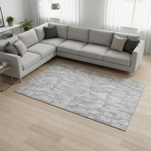 HomeRoots 9' X 12' Gray and Ivory Tribal Washable Area Rug - Durable, Stylish, UV Protected for Modern Homes 672049