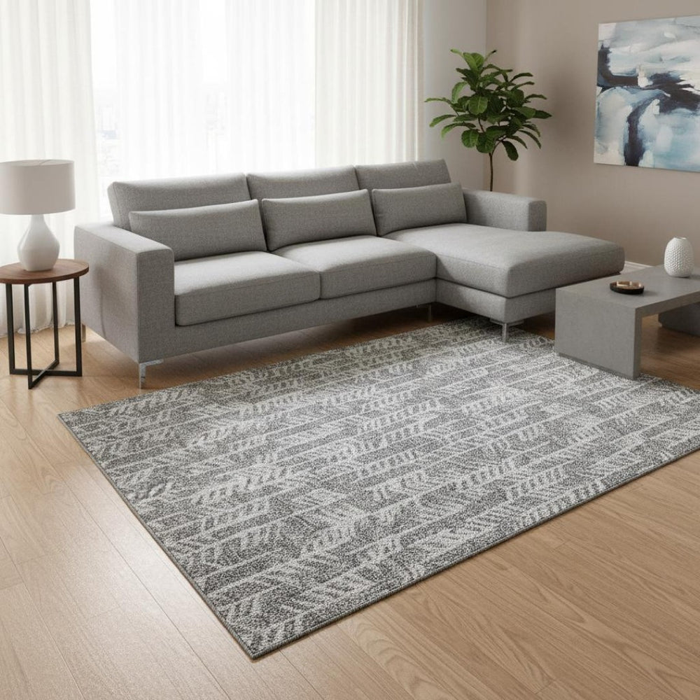 HomeRoots 10' X 14' Gray and Ivory Tribal Area Rug – Washable, UV-Protected, Stain-Resistant for Modern Homes 672050