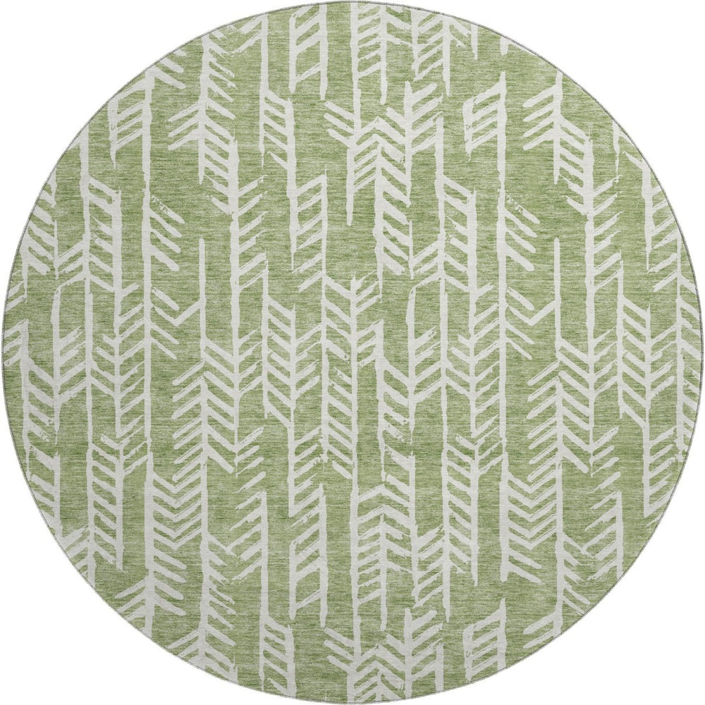 HomeRoots 8' Green and Ivory Tribal Round Rug - Washable, UV Protected, Soft Polyester for Stylish Spaces 672053