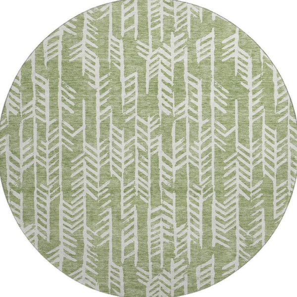 HomeRoots 8' Green and Ivory Tribal Round Rug - Washable, UV Protected, Soft Polyester for Stylish Spaces 672053
