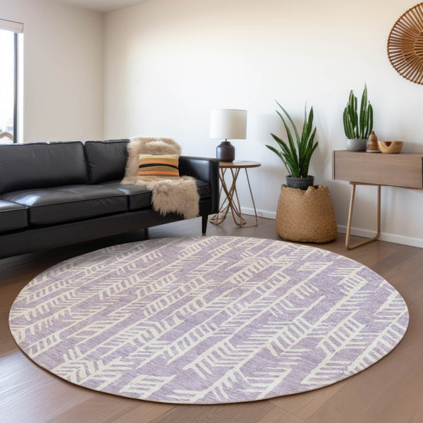 HomeRoots 8' Lavender and Ivory Tribal Round Rug - Washable, UV-Protected, Perfect for Homes with Kids & Pets 672065